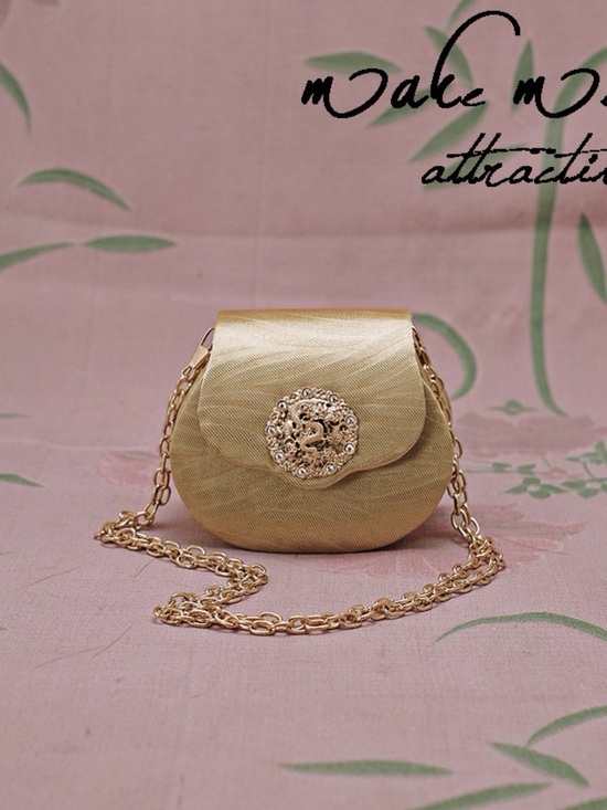 Handbags - Gold Satin Mini Crossbody Bag with Decorative Medallion